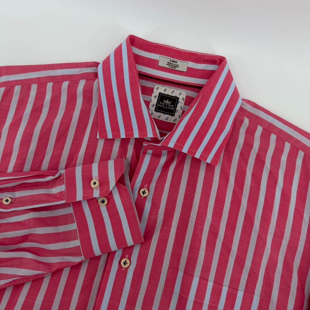 Peter Millar Button Down Shirt Mens Large Pink Blue Striped Long Sleeve Cotton